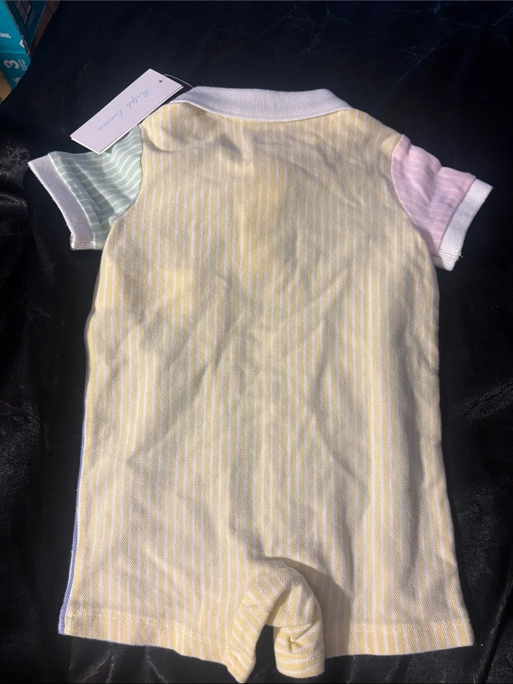 Ralph Lauren Blue & White Striped Polo Romper with Pastel Accents